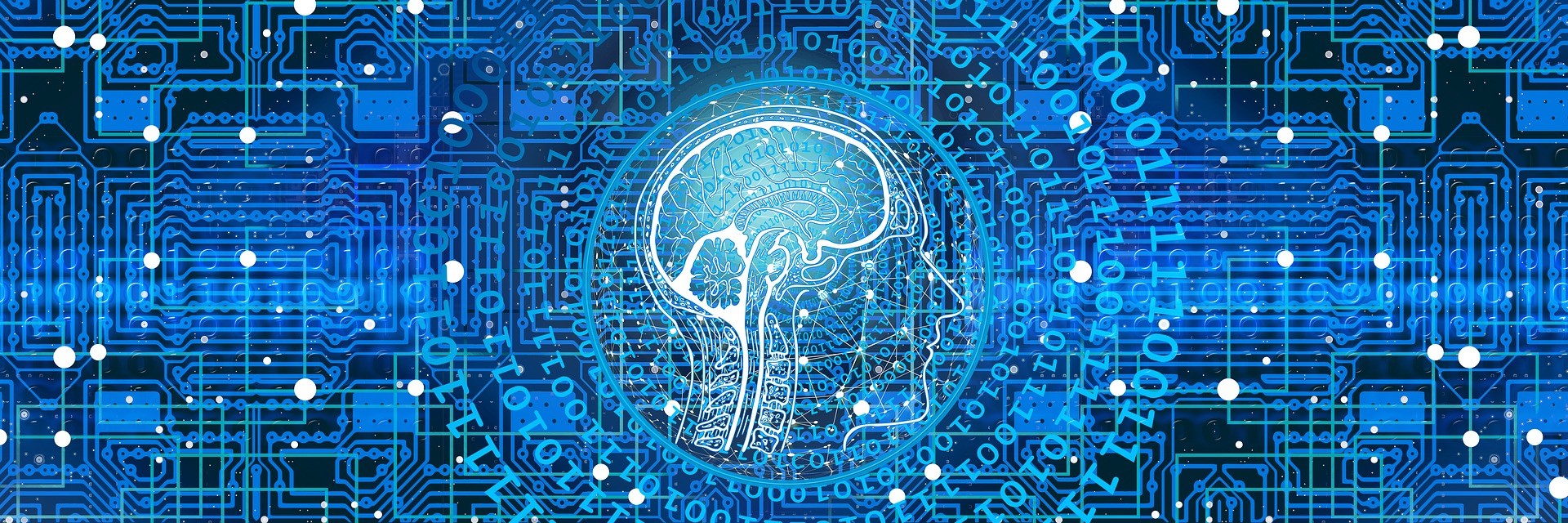 Graphic of a circuit board leading to an illustration of the human brain